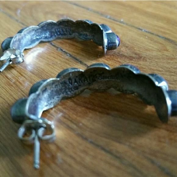 Vintage 90s Amethyst Inlay Half Hoop Earrings - Picture 2 of 4